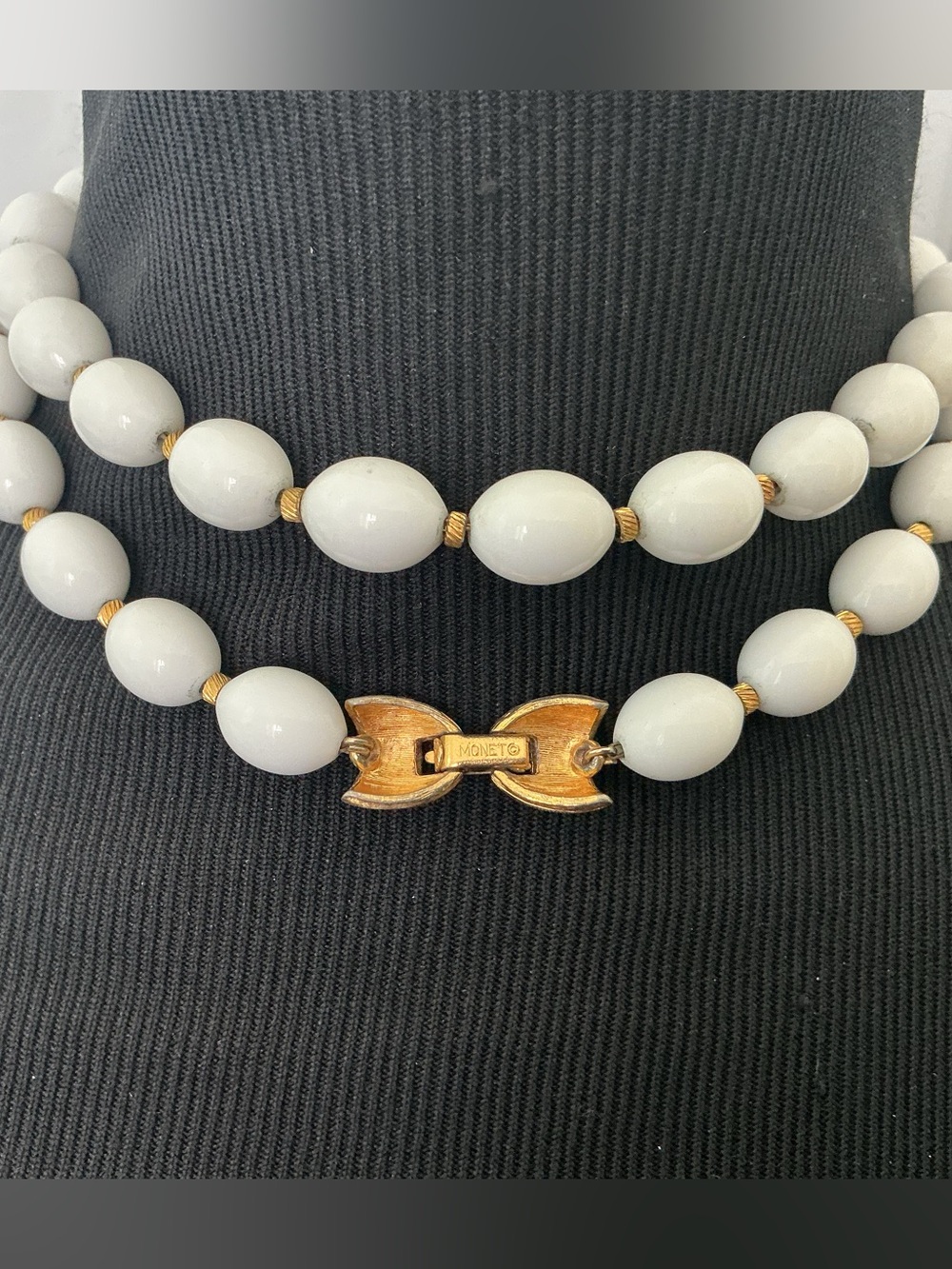 Vintage Monet White Beaded Single Strand Necklace with Gold-Tone Accents